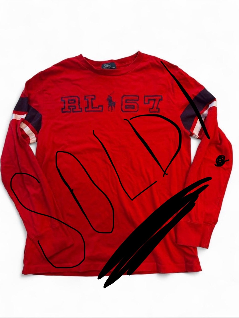 Ralph Lauren Red Long-Sleeve RL67 Crewneck with Navy & Cream Stripes